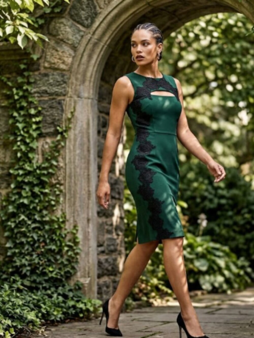 Black Halo Womens Crochet Detail Cut Out Dress Green Black Size 4